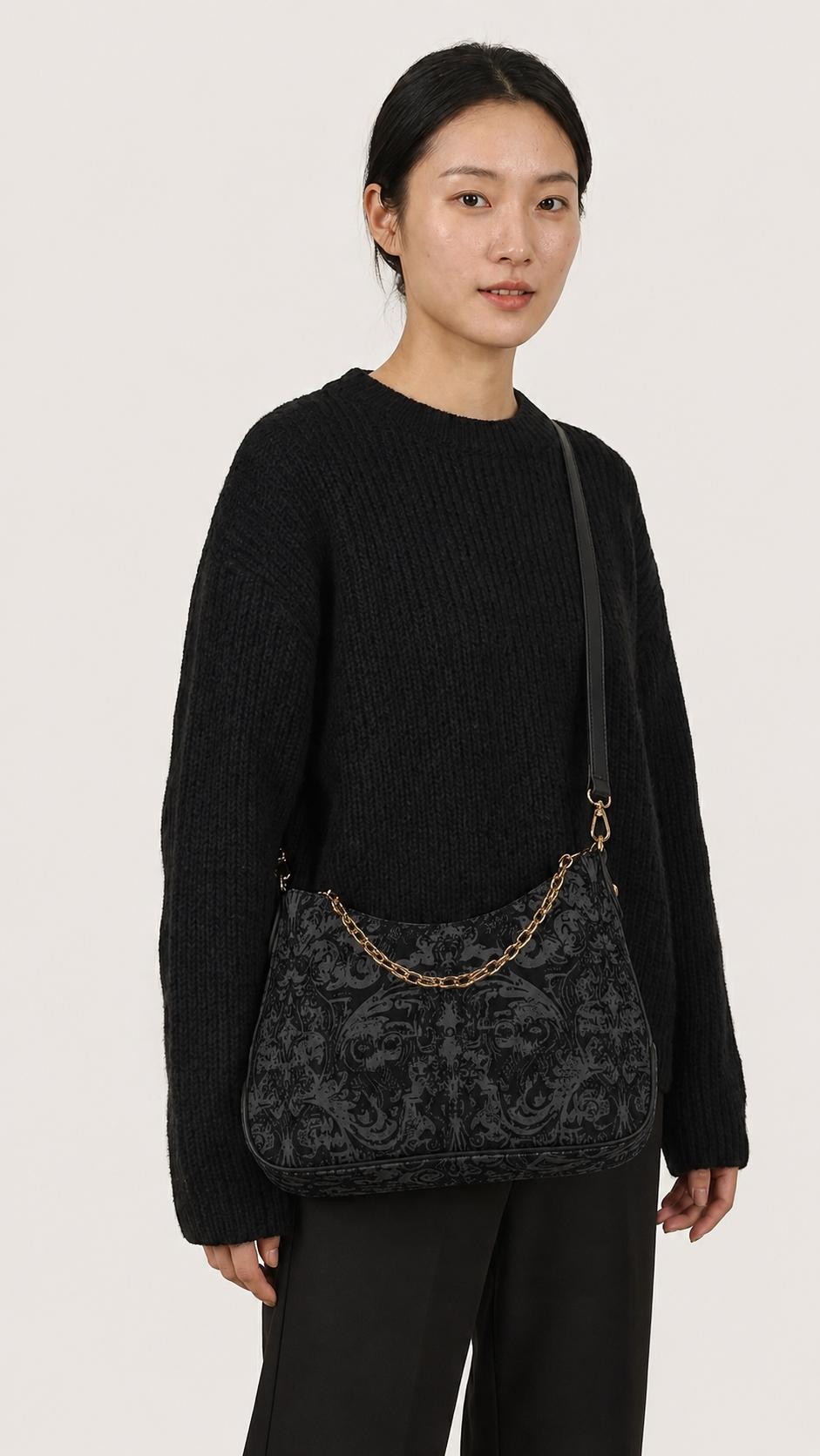 Distressed Baroque Printed Shoulder Bag, Black Grunge Damask Vegan Leather Handbag with Chain