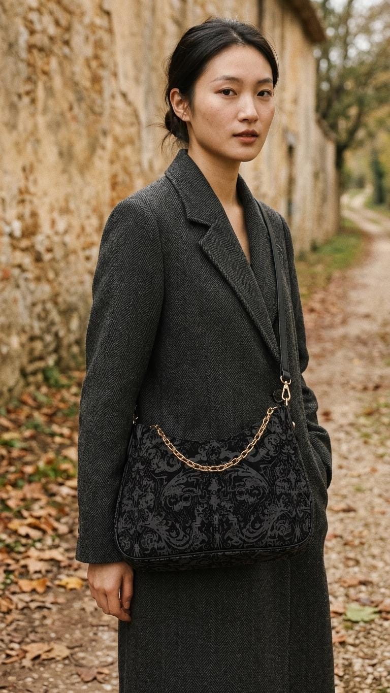 Distressed Baroque Printed Shoulder Bag, Black Grunge Damask Vegan Leather Handbag with Chain