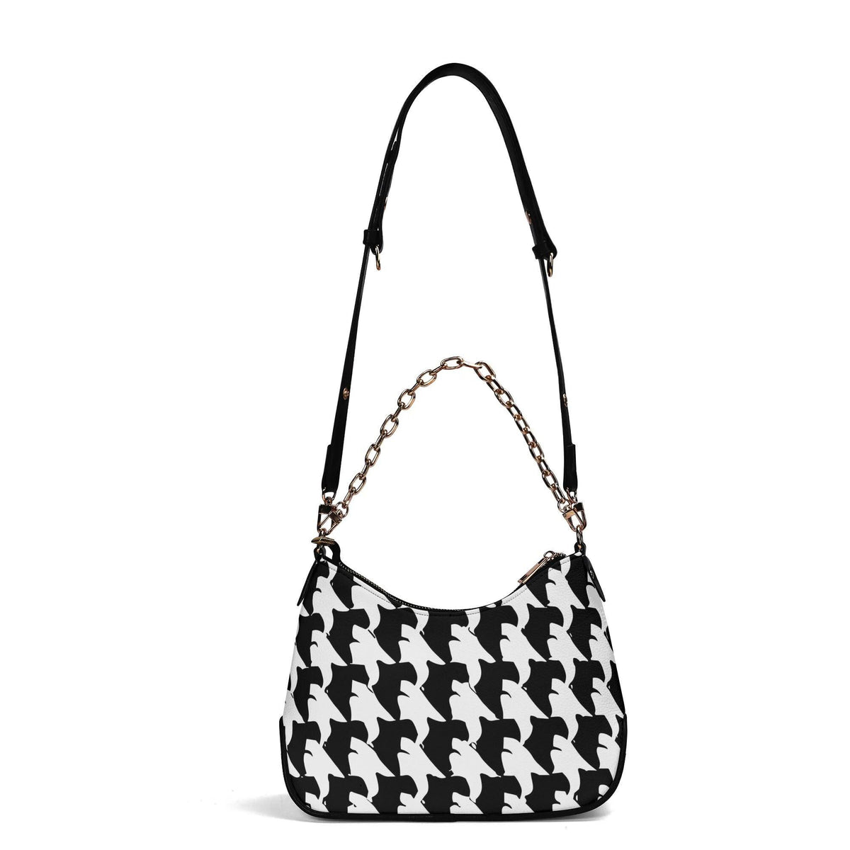 Retro Printed Shoulder Bag, Black & White Grunge Houndstooth Vegan Leather Handbag with Chain