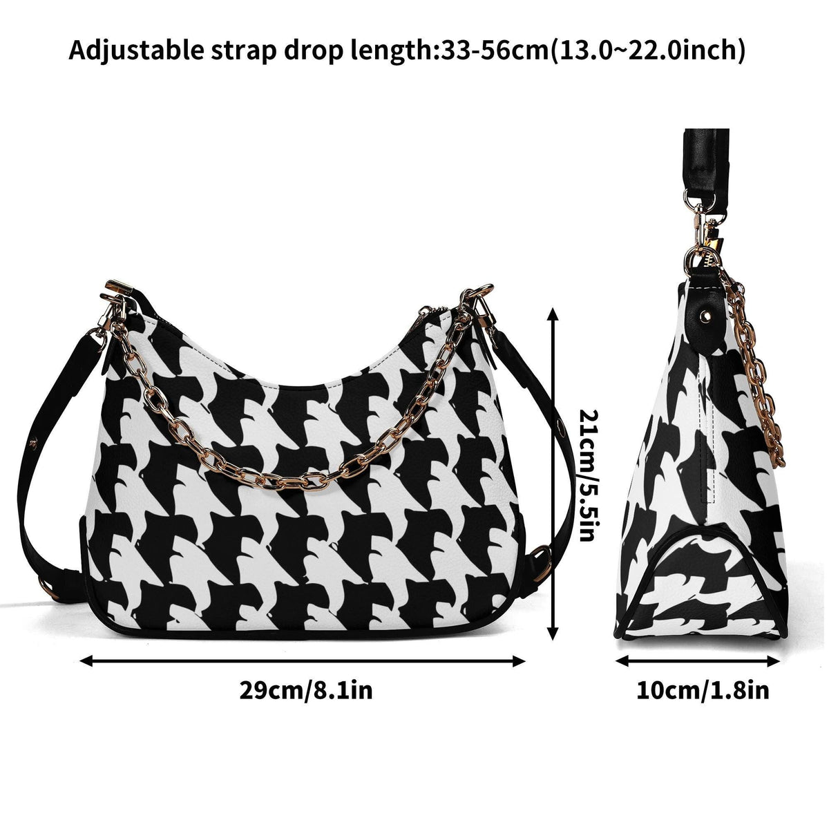 Retro Printed Shoulder Bag, Black & White Grunge Houndstooth Vegan Leather Handbag with Chain