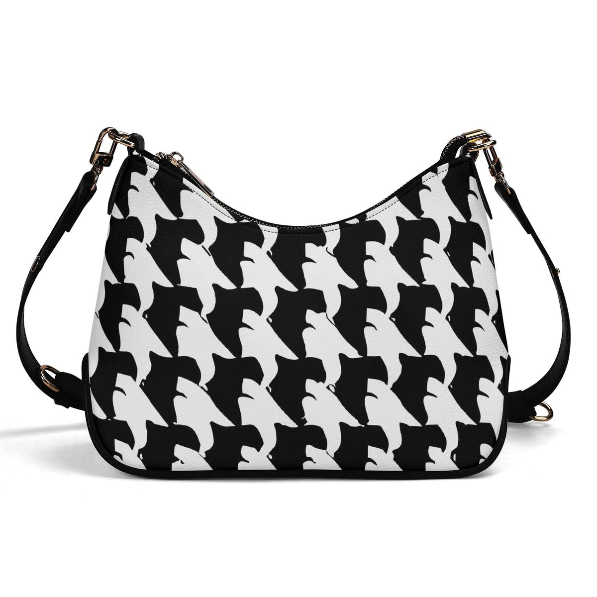 Retro Printed Shoulder Bag, Black & White Grunge Houndstooth Vegan Leather Handbag with Chain
