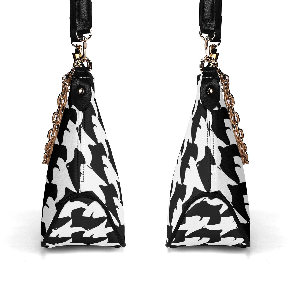 Retro Printed Shoulder Bag, Black & White Grunge Houndstooth Vegan Leather Handbag with Chain