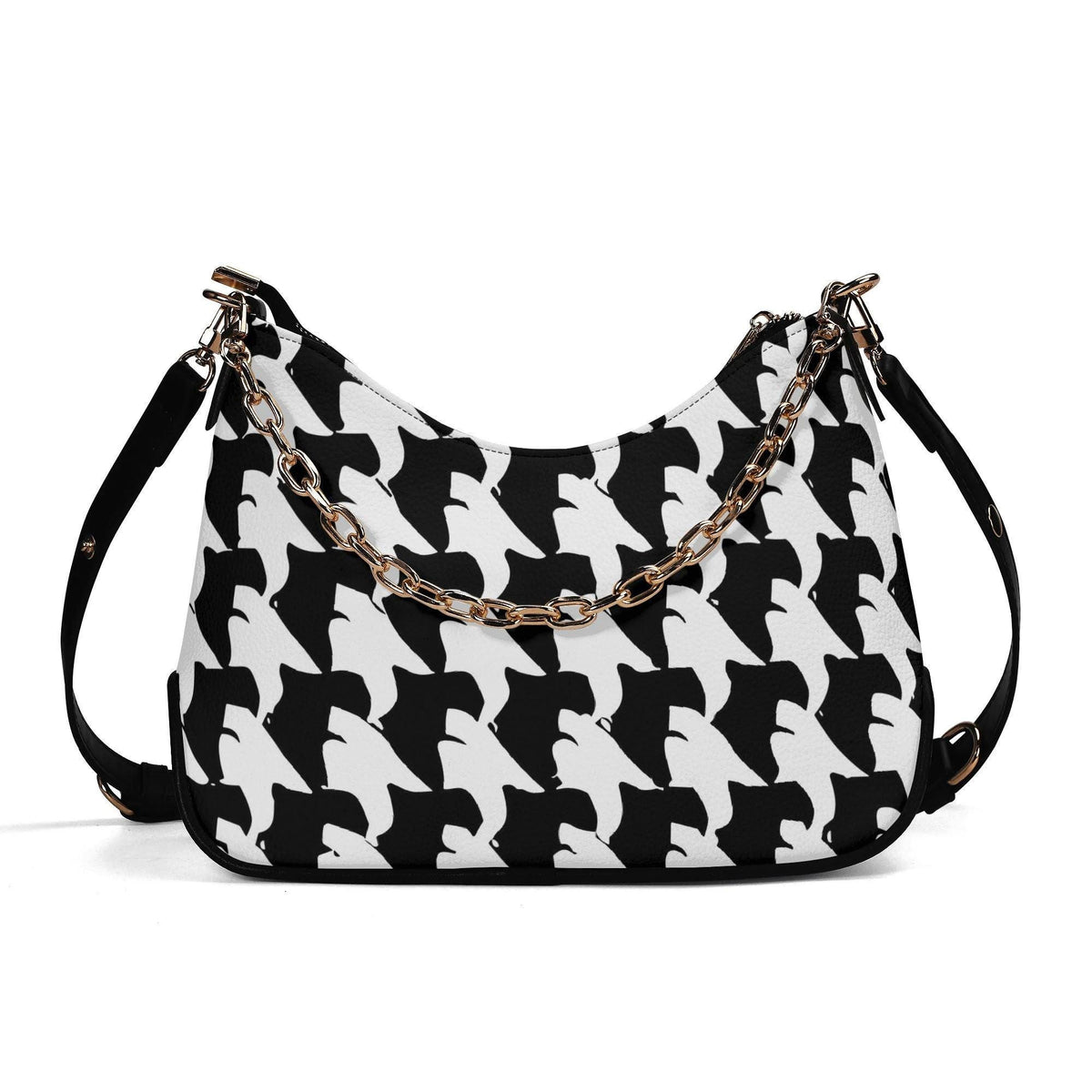Retro Printed Shoulder Bag, Black & White Grunge Houndstooth Vegan Leather Handbag with Chain