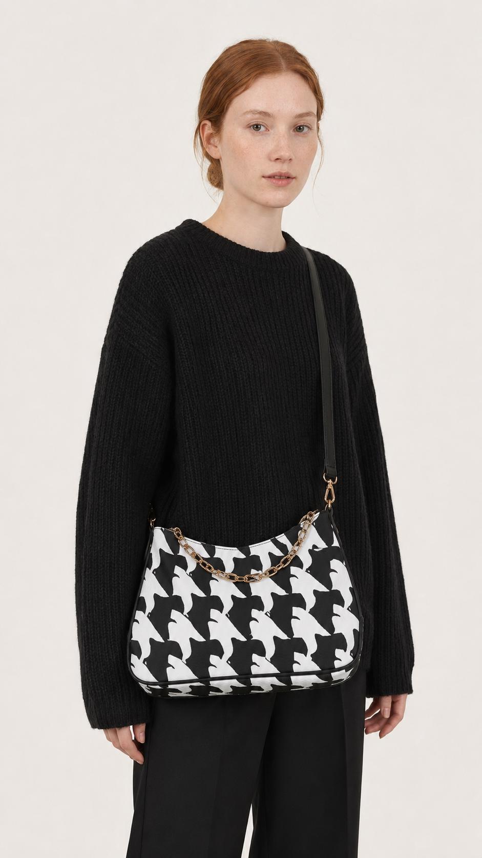 Retro Printed Shoulder Bag, Black & White Grunge Houndstooth Vegan Leather Handbag with Chain