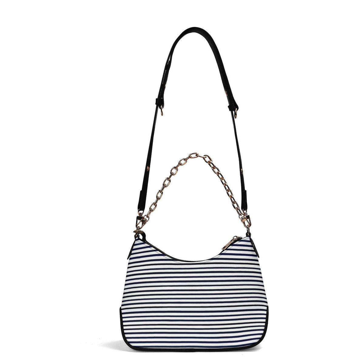 Retro Printed Shoulder Bag, Black & White Grunge Striped Vegan Leather Handbag with Chain