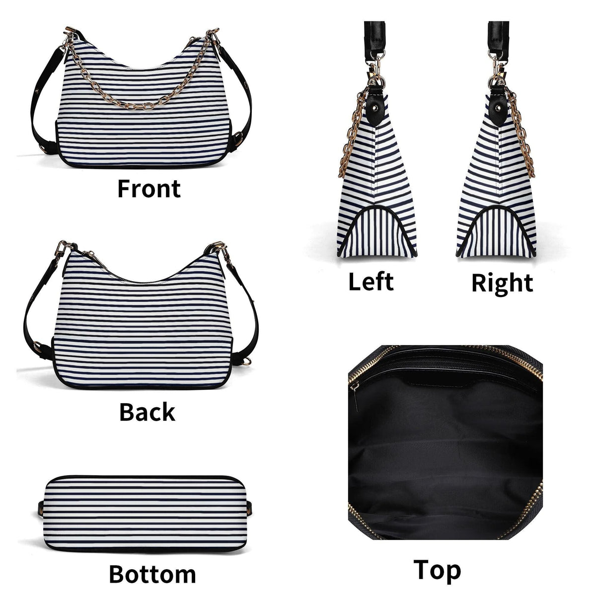 Retro Printed Shoulder Bag, Black & White Grunge Striped Vegan Leather Handbag with Chain