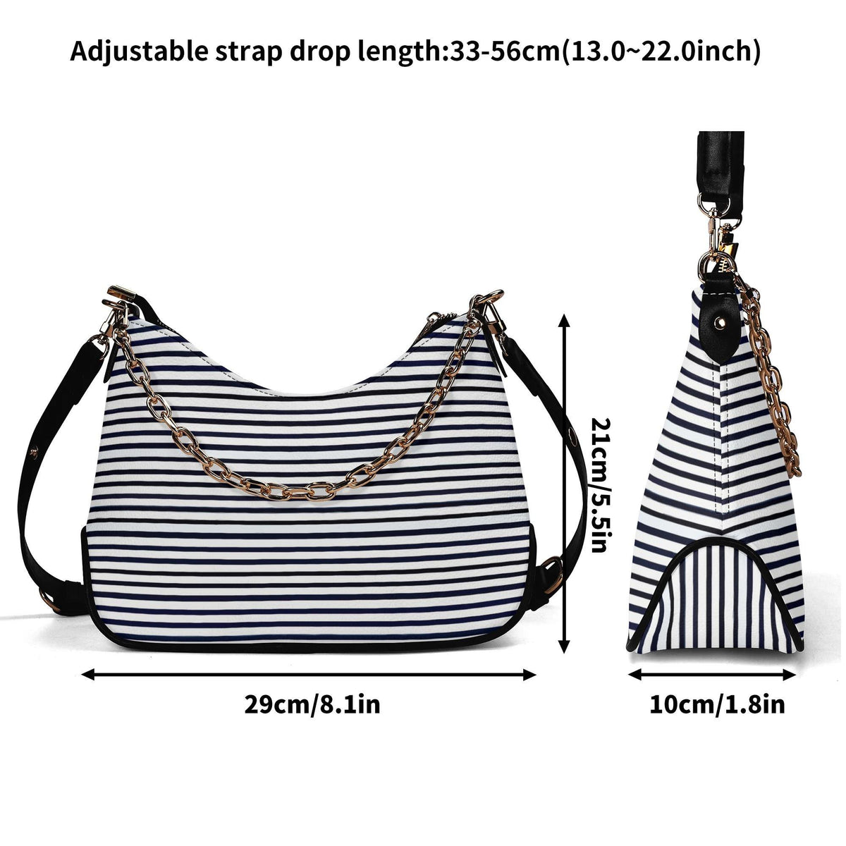 Retro Printed Shoulder Bag, Black & White Grunge Striped Vegan Leather Handbag with Chain