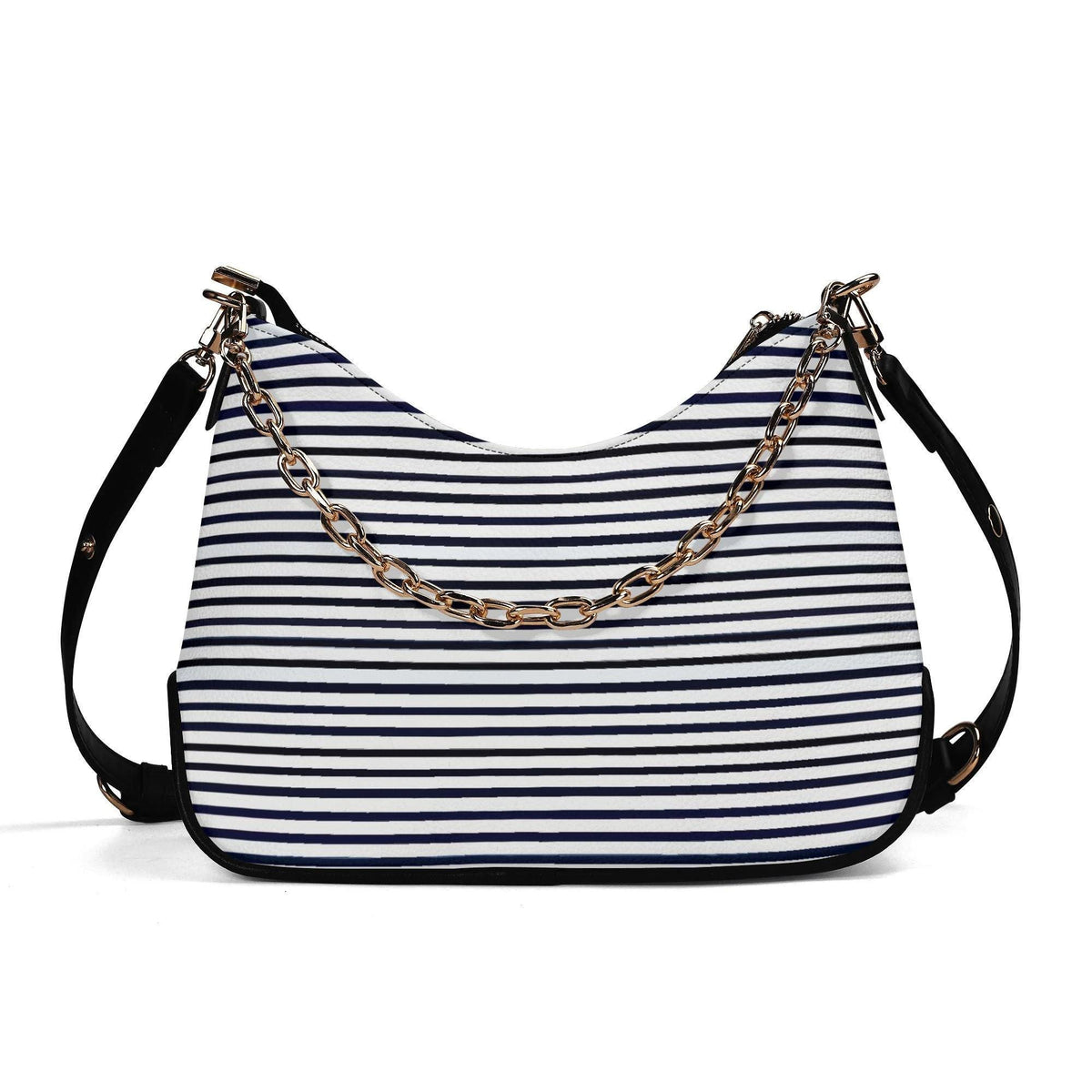 Retro Printed Shoulder Bag, Black & White Grunge Striped Vegan Leather Handbag with Chain