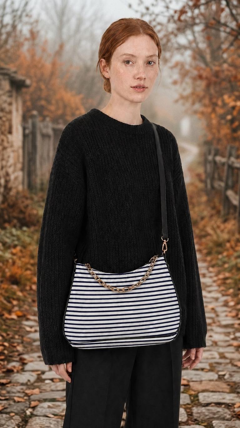 Retro Printed Shoulder Bag, Black & White Grunge Striped Vegan Leather Handbag with Chain