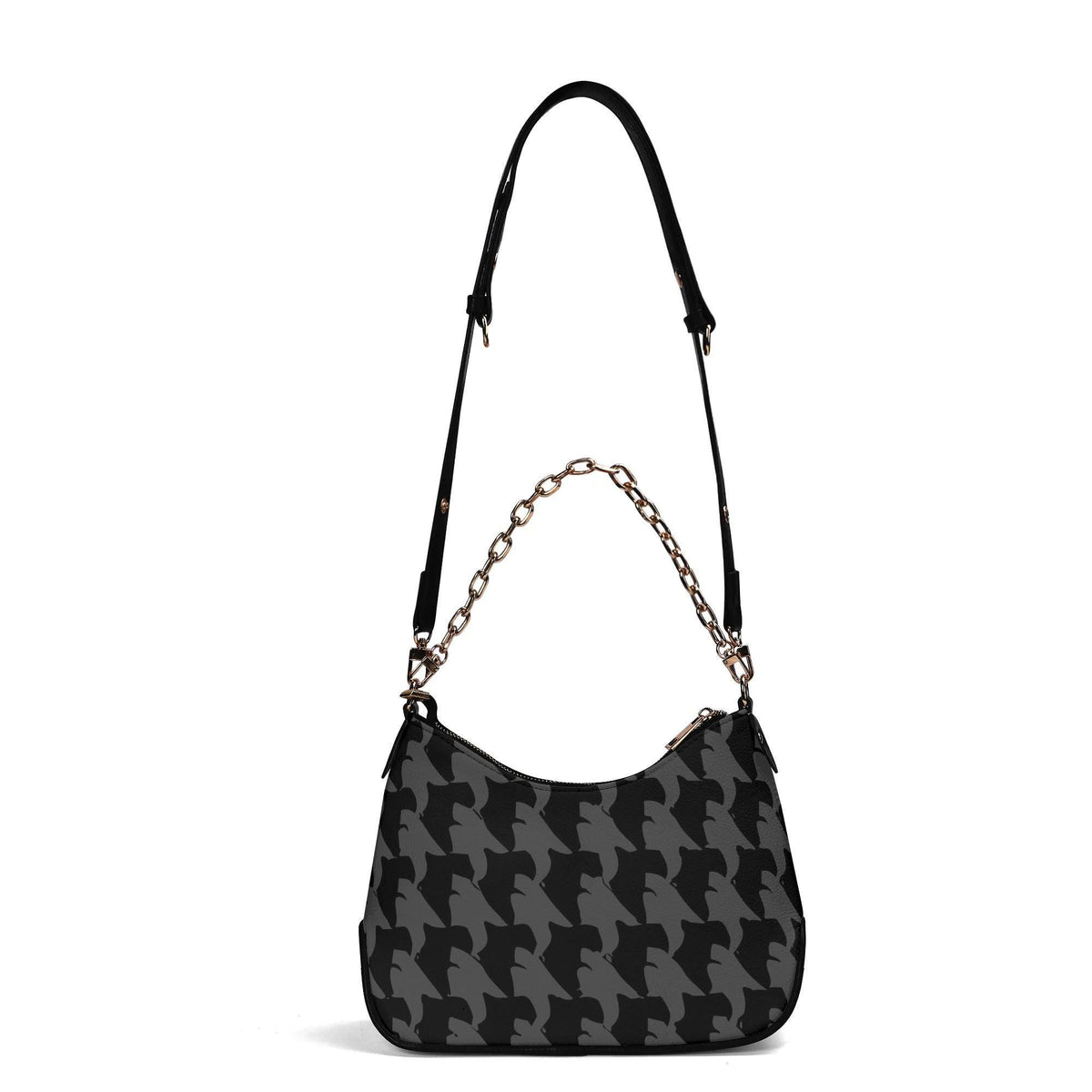 Retro Printed Shoulder Bag, Black & Charcoal Grunge Houndstooth Vegan Leather Handbag with Chain