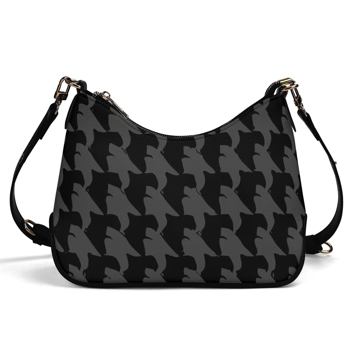 Retro Printed Shoulder Bag, Black & Charcoal Grunge Houndstooth Vegan Leather Handbag with Chain