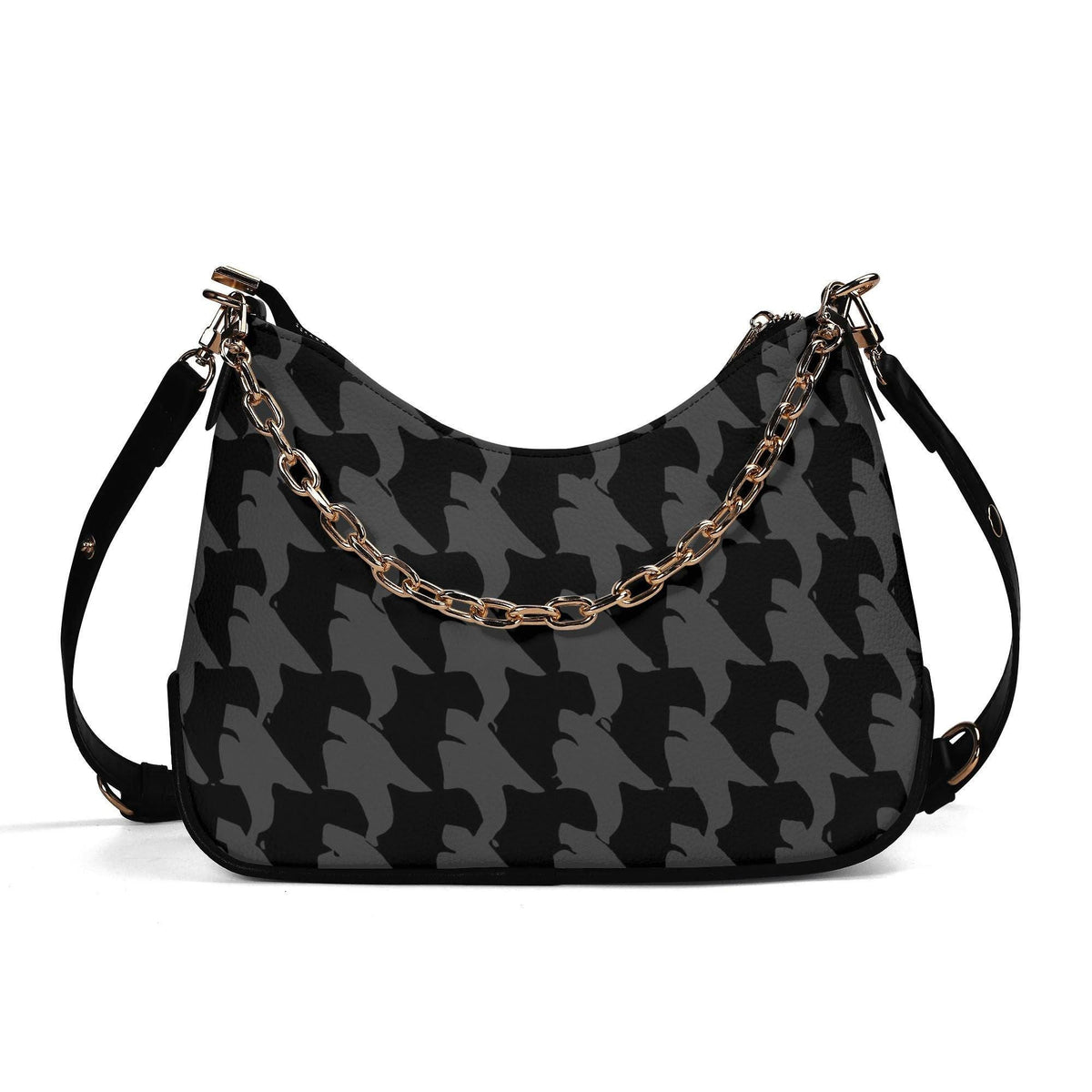 Retro Printed Shoulder Bag, Black & Charcoal Grunge Houndstooth Vegan Leather Handbag with Chain