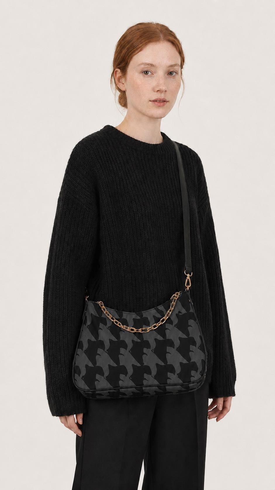 Retro Printed Shoulder Bag, Black & Charcoal Grunge Houndstooth Vegan Leather Handbag with Chain