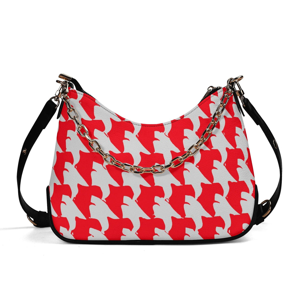 Retro Printed Shoulder Bag, Red & White Grunge Houndstooth Vegan Leather Handbag with Chain