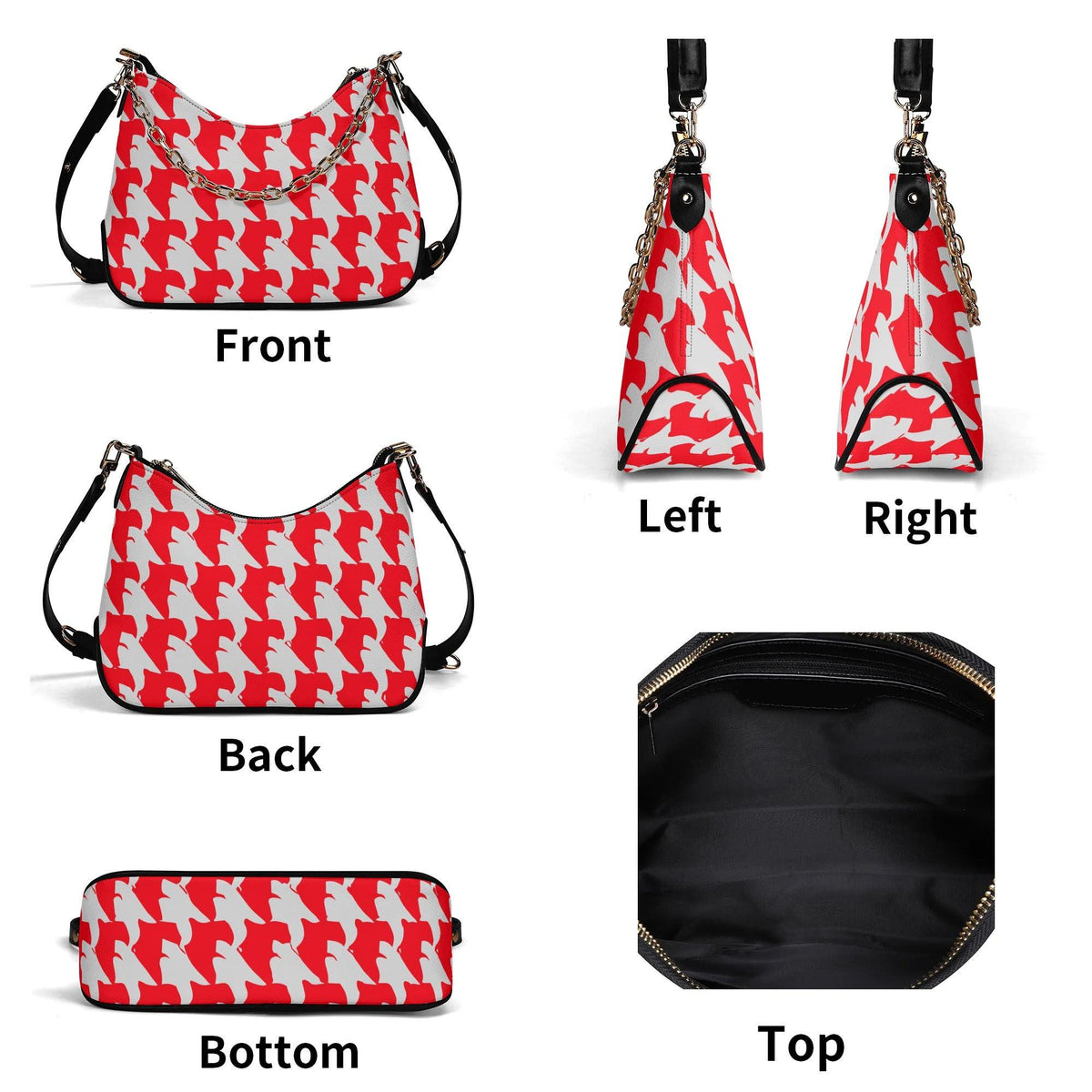 Retro Printed Shoulder Bag, Red & White Grunge Houndstooth Vegan Leather Handbag with Chain