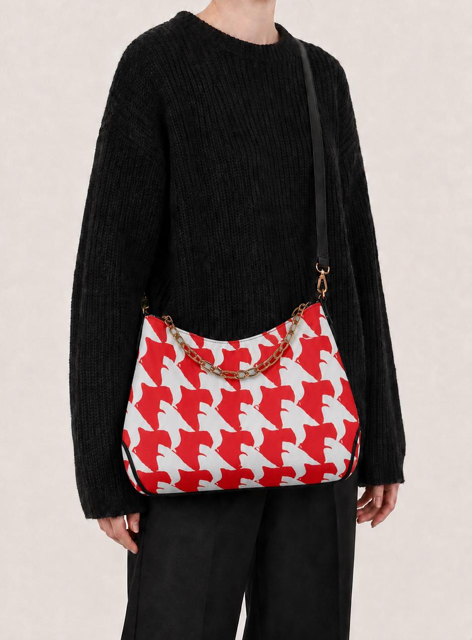 Retro Printed Shoulder Bag, Red & White Grunge Houndstooth Vegan Leather Handbag with Chain