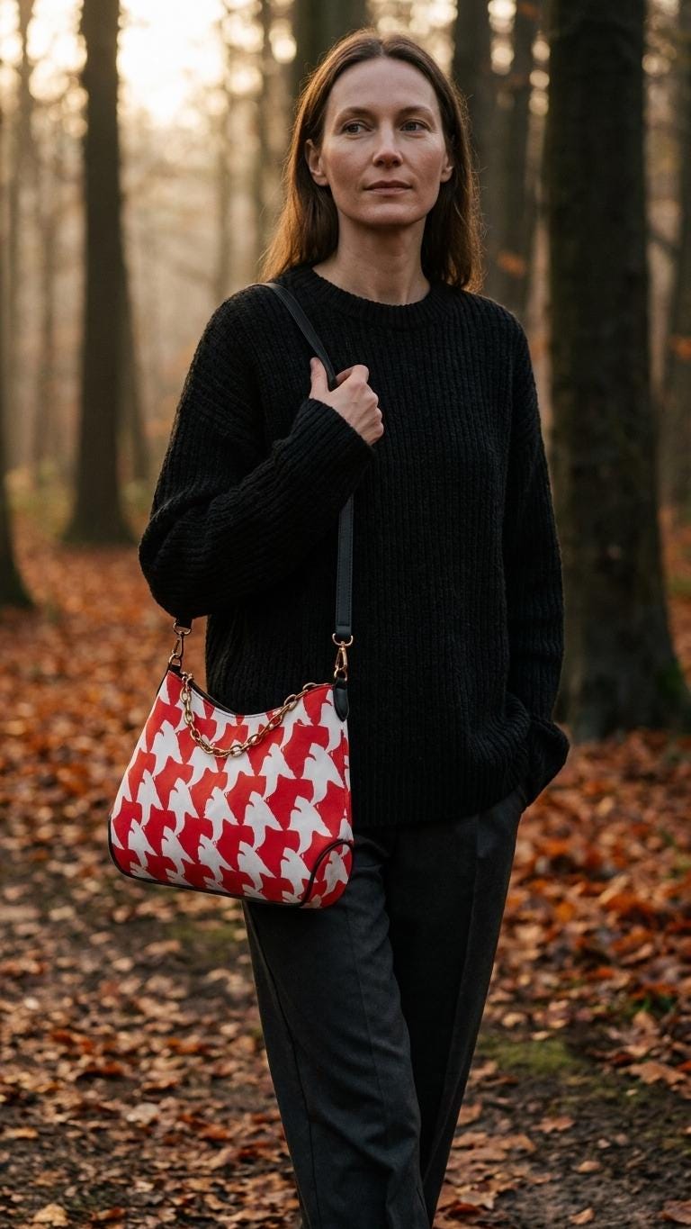 Retro Printed Shoulder Bag, Red & White Grunge Houndstooth Vegan Leather Handbag with Chain