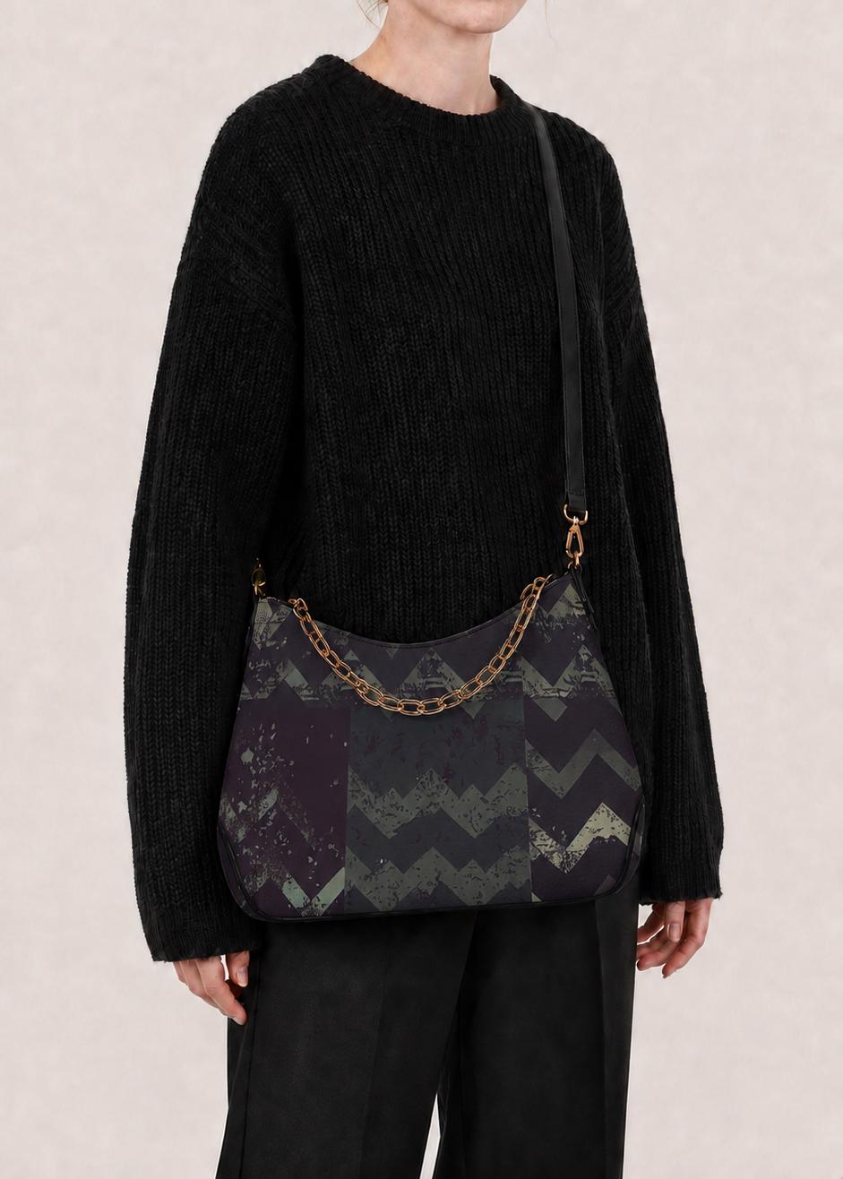 Grunge Houndstooth Printed Shoulder Bag, Vegan Leather Handbag with Chain