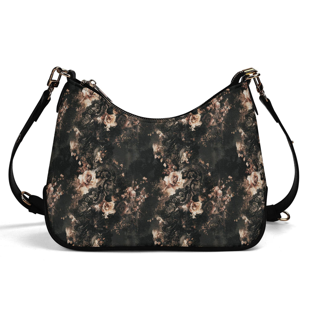 Grunge Goth Lace & Roses Print Shoulder Bag, Vegan Leather Handbag with Chain