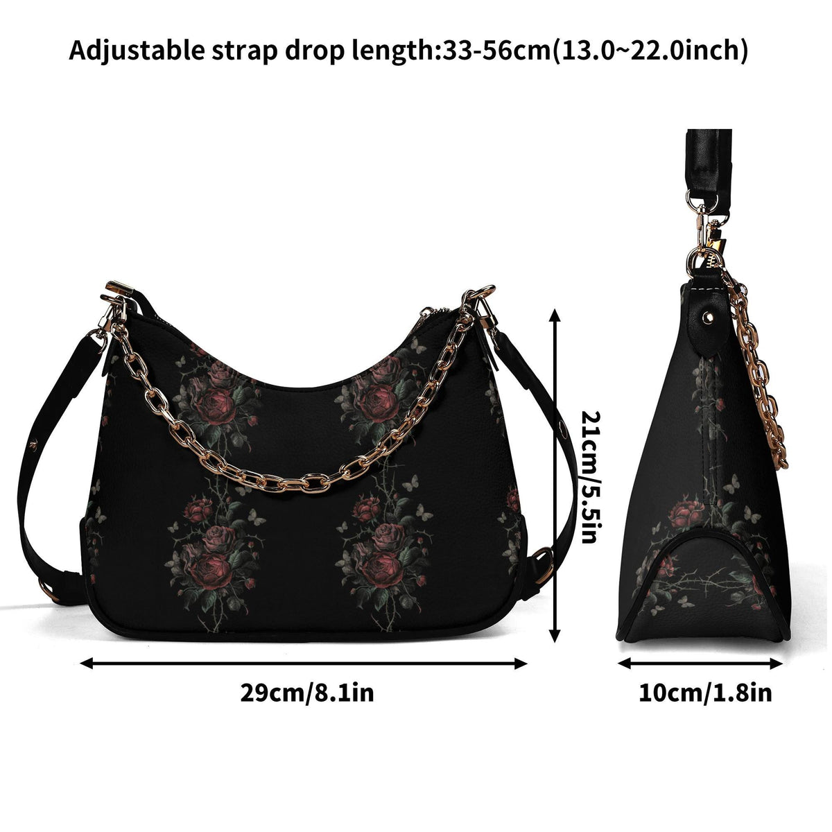 Grunge Goth Rose Vines & Moths Print Shoulder Bag, Vegan Leather Handbag with Chain