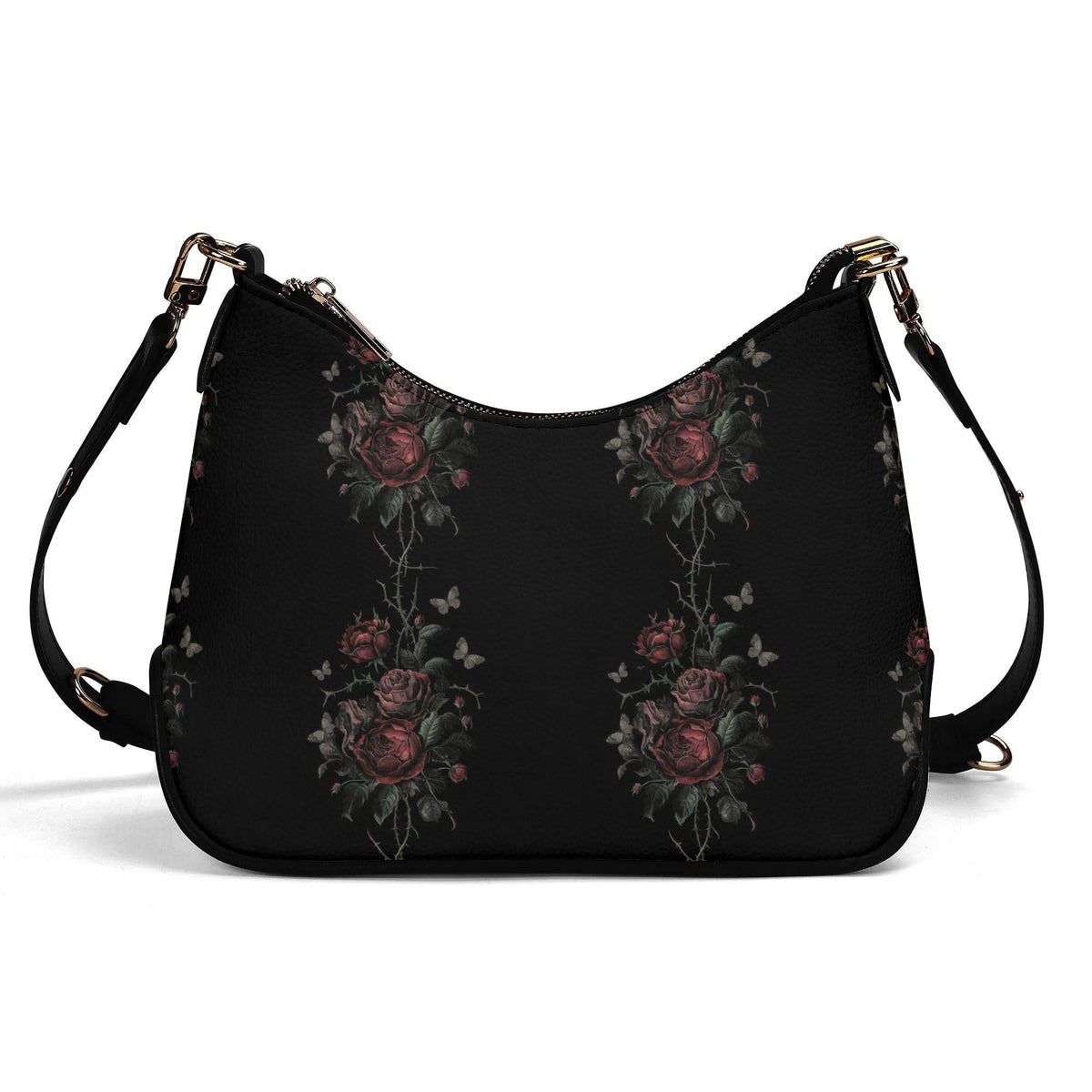 Grunge Goth Rose Vines & Moths Print Shoulder Bag, Vegan Leather Handbag with Chain