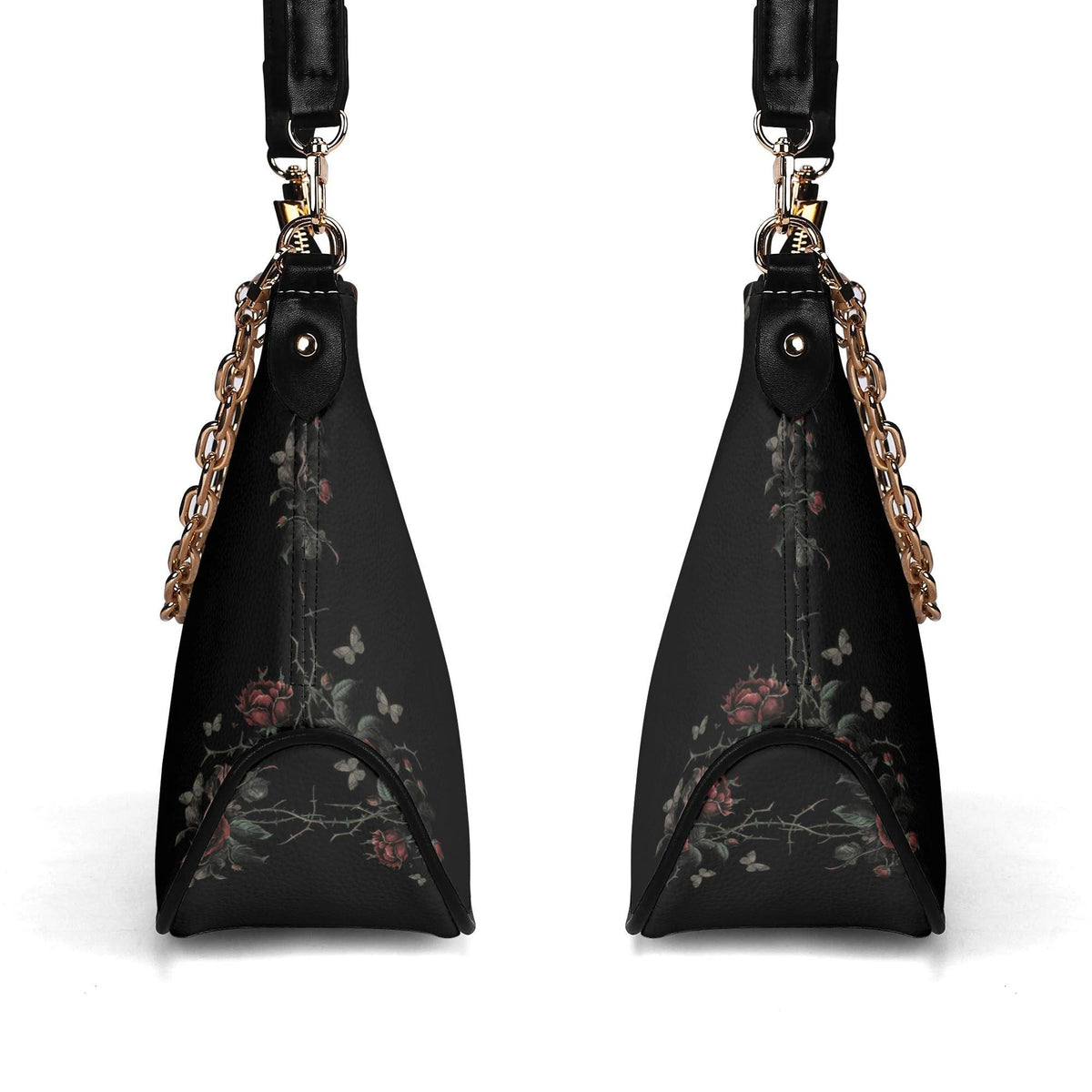 Grunge Goth Rose Vines & Moths Print Shoulder Bag, Vegan Leather Handbag with Chain