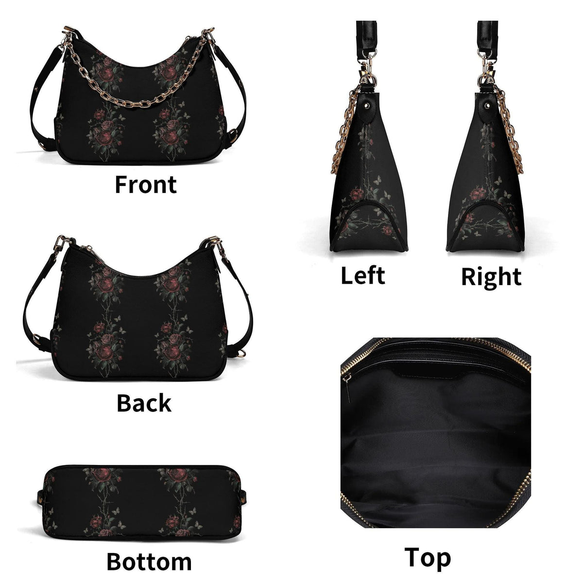 Grunge Goth Rose Vines & Moths Print Shoulder Bag, Vegan Leather Handbag with Chain