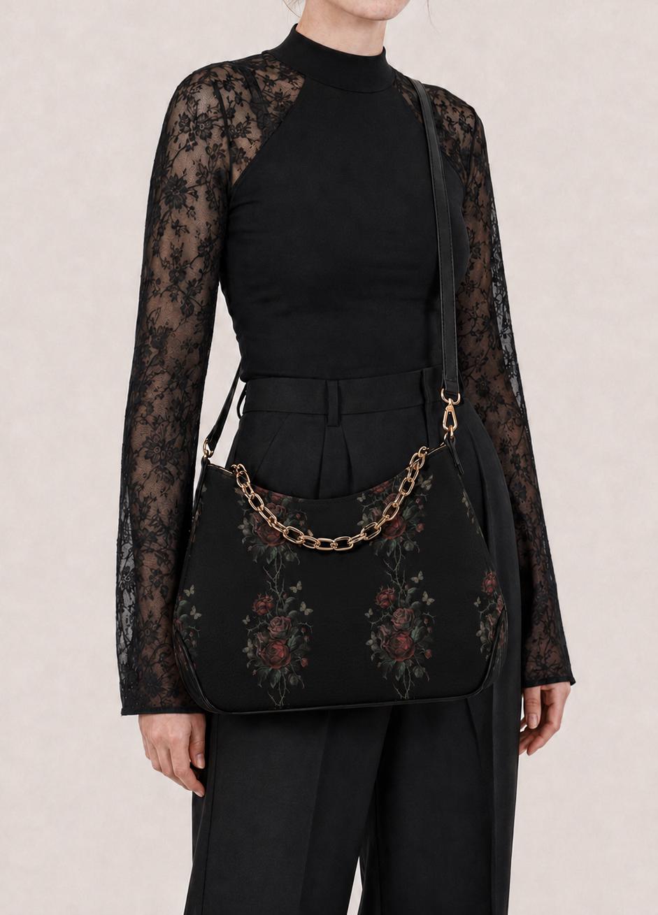 Grunge Goth Rose Vines & Moths Print Shoulder Bag, Vegan Leather Handbag with Chain