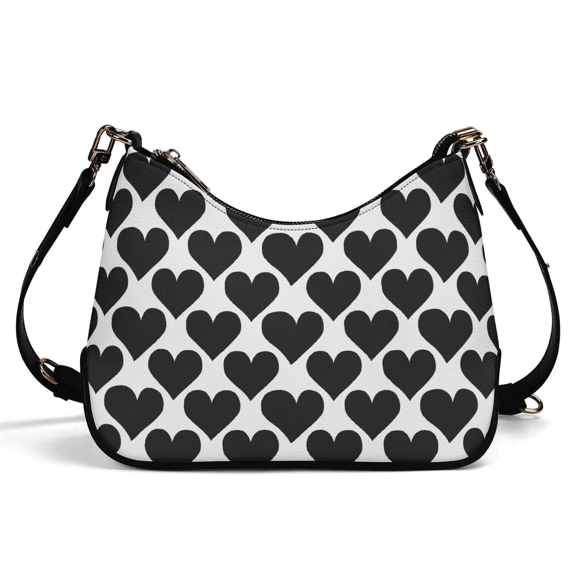 Retro Printed Shoulder Bag, Black Hearts Houndstooth Vegan Leather Handbag with Chain