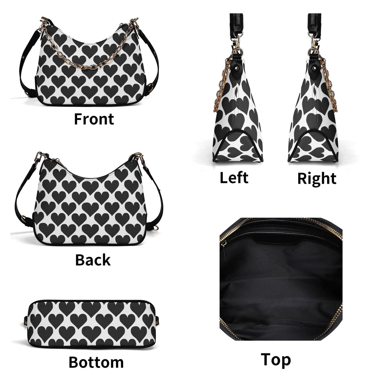 Retro Printed Shoulder Bag, Black Hearts Houndstooth Vegan Leather Handbag with Chain