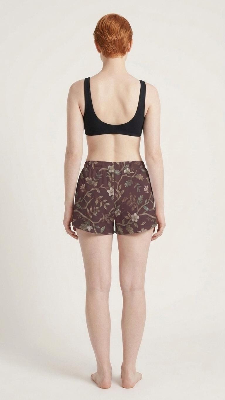 Lightweight Women’s Swim Board Shorts, Drawstring Beach-Shorts with Pockets | Brown Vintage Florals - Shorts Only