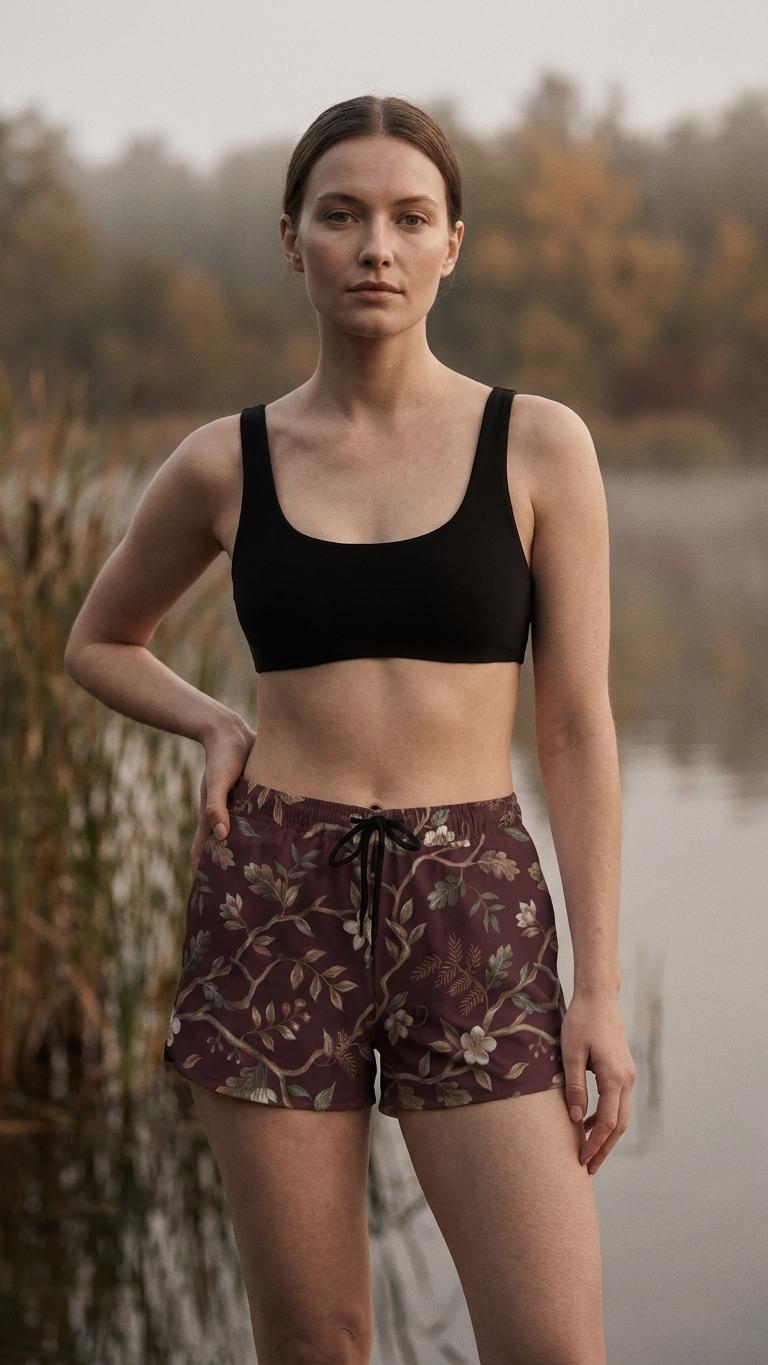 Lightweight Women’s Swim Board Shorts, Drawstring Beach-Shorts with Pockets | Brown Vintage Florals - Shorts Only