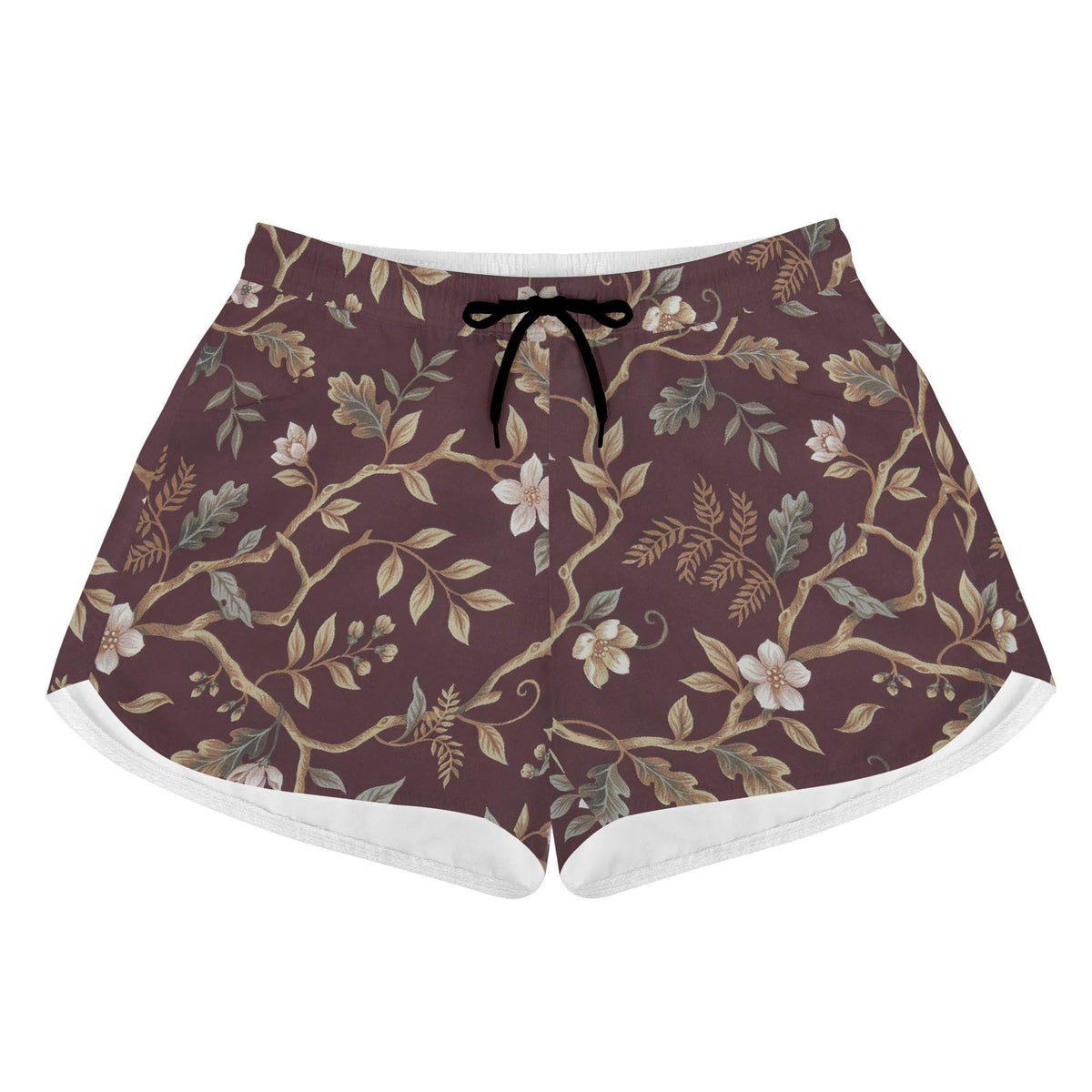 Lightweight Women’s Swim Board Shorts, Drawstring Beach-Shorts with Pockets | Brown Vintage Florals - Shorts Only