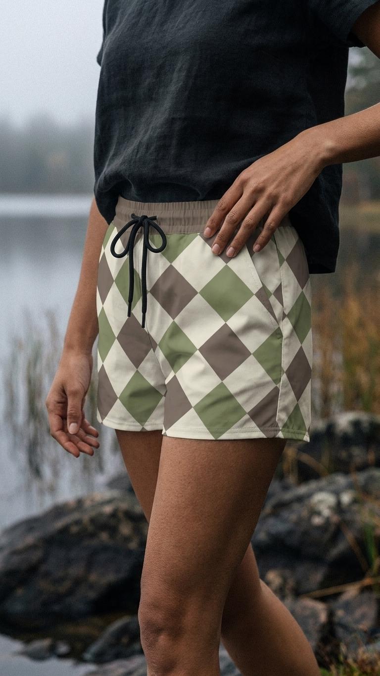 Lightweight Women’s Swim Board Shorts, Drawstring Beach-Shorts with Pockets | Retro Harlequin - Shorts Only