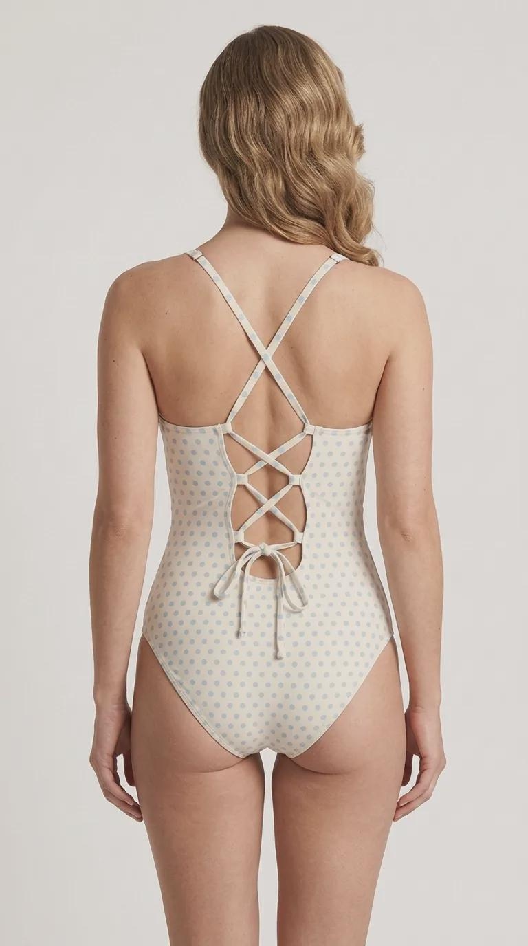 Retro Romantic Push-Up One-Piece Swimsuit with Lace-Up Back, Off-White and Pale Blue Polka-Dot