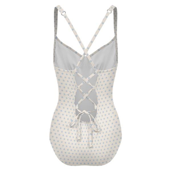 Retro Romantic Push-Up One-Piece Swimsuit with Lace-Up Back, Off-White and Pale Blue Polka-Dot