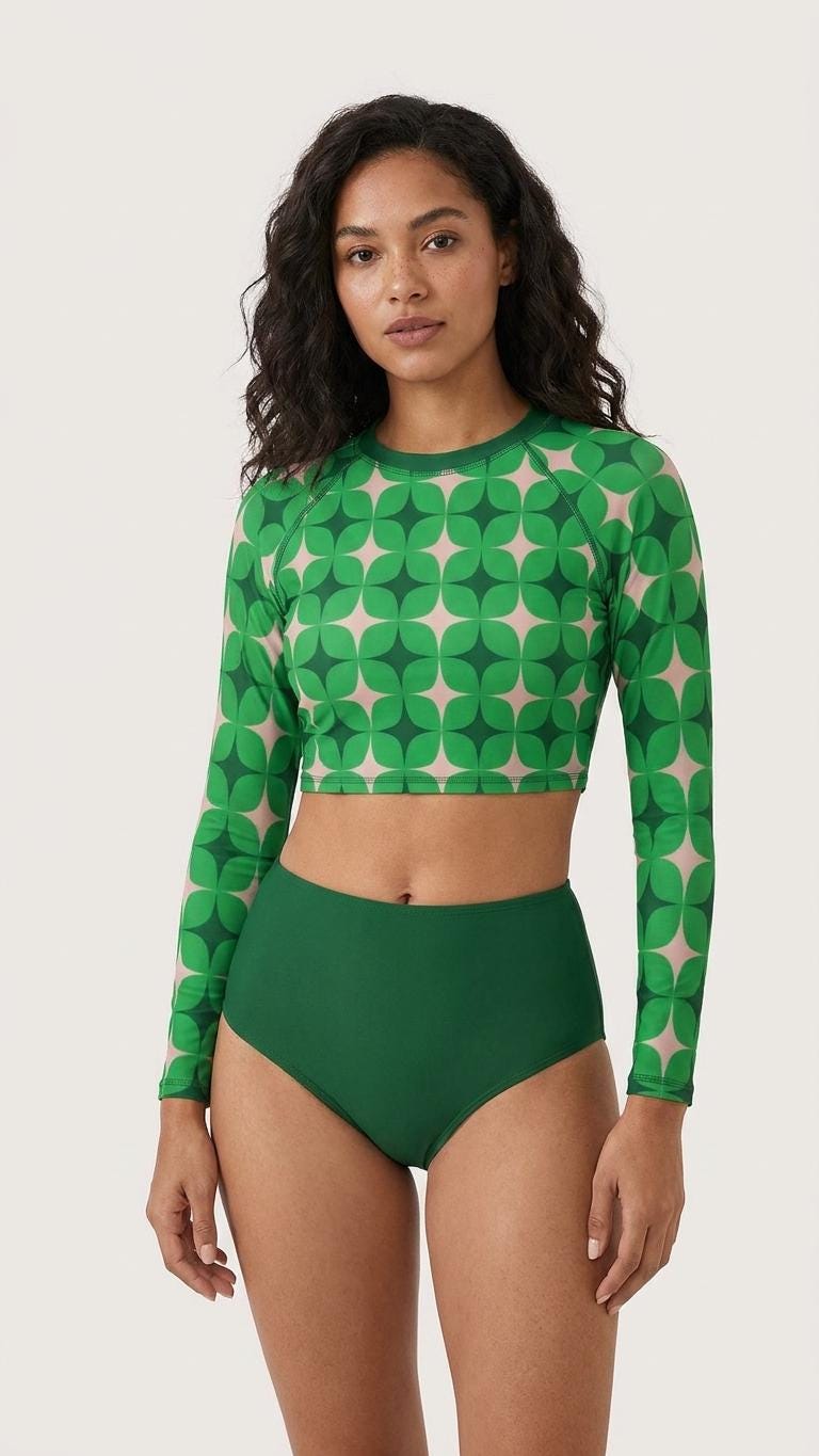 Green Mod-Style Sixties-Inspired Two-Piece Swimsuit, Retro Long Sleeve Crop Rash Guard