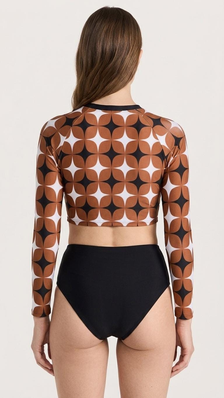 Brown Mod-Style Sixties-Inspired Two-Piece Swimsuit, Retro Long Sleeve Crop Rash Guard