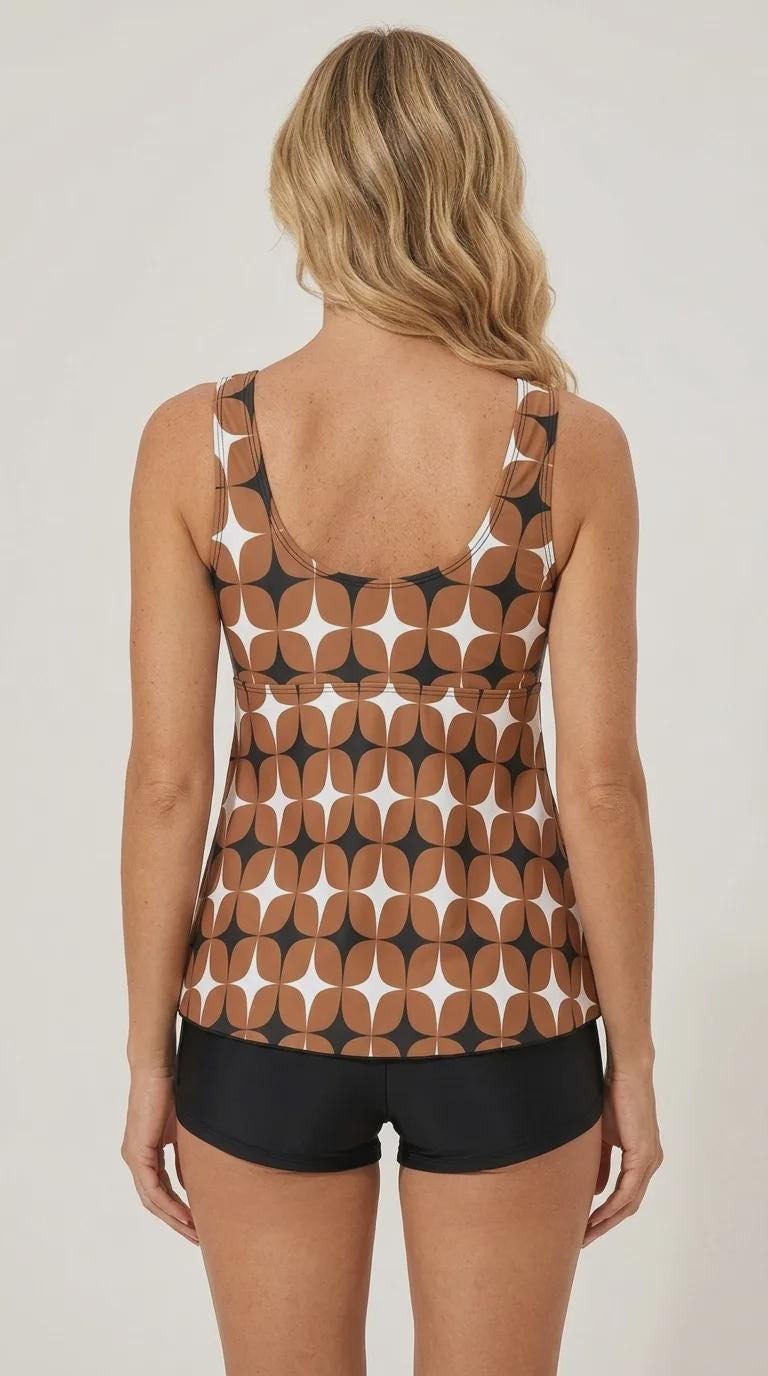 Drawstring Tankini Two-Piece Swimsuit with Swim Shorts, Retro Brown Mod-Style