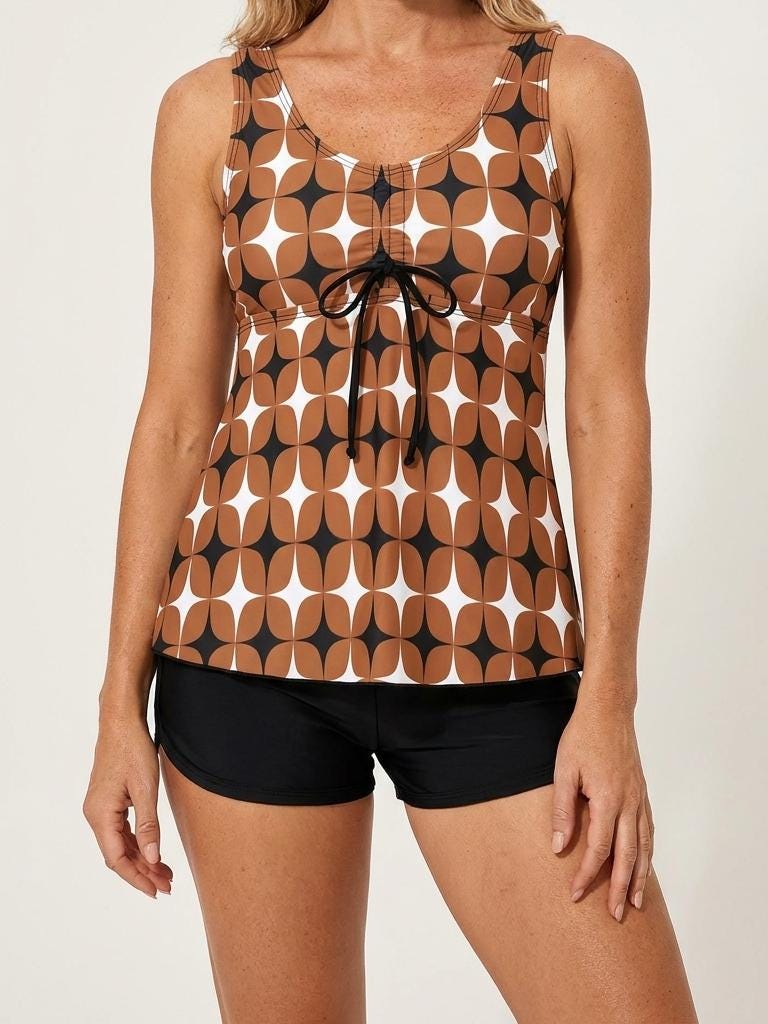 Drawstring Tankini Two-Piece Swimsuit with Swim Shorts, Retro Brown Mod-Style