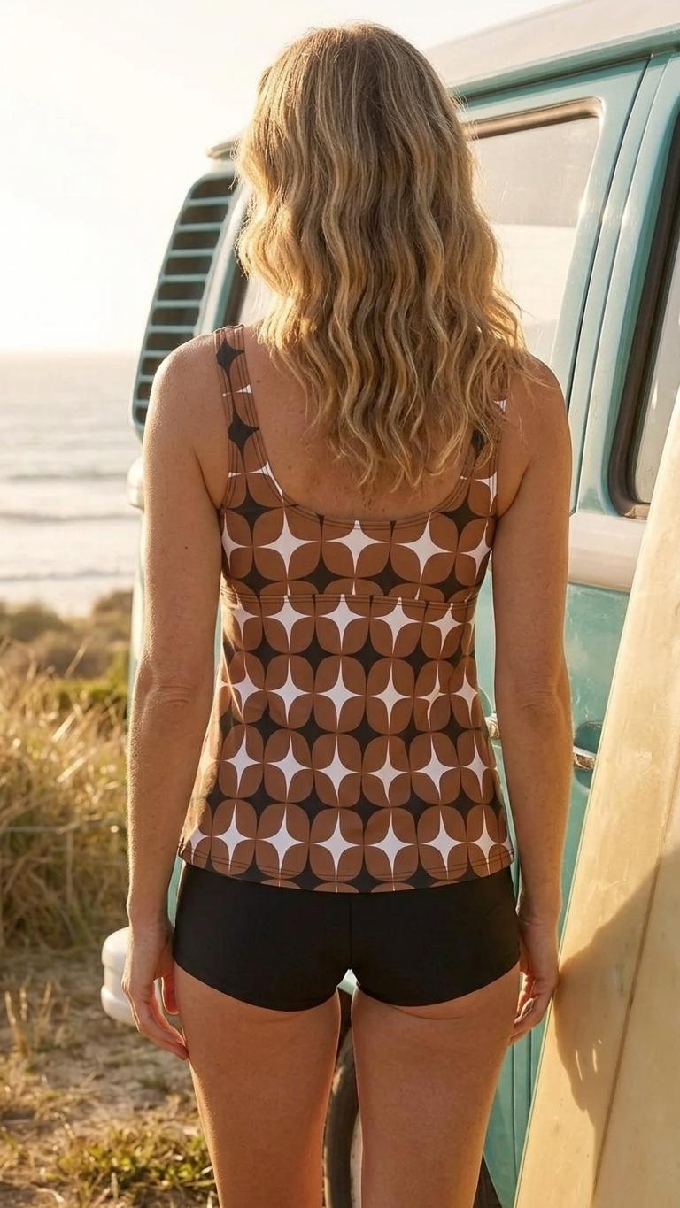Drawstring Tankini Two-Piece Swimsuit with Swim Shorts, Retro Brown Mod-Style