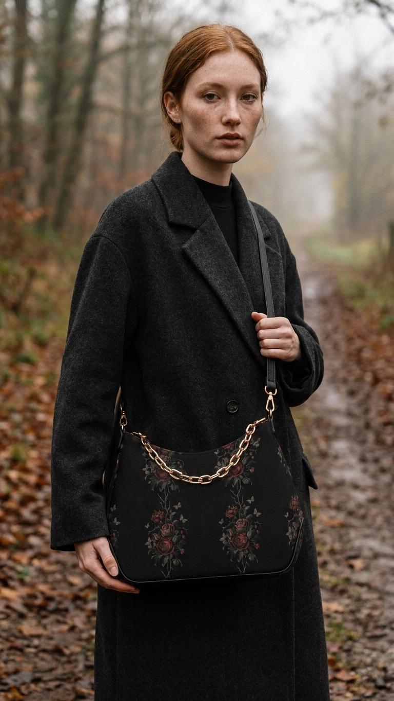 Grunge Goth Rose Vines & Moths Print Shoulder Bag, Vegan Leather Handbag with Chain