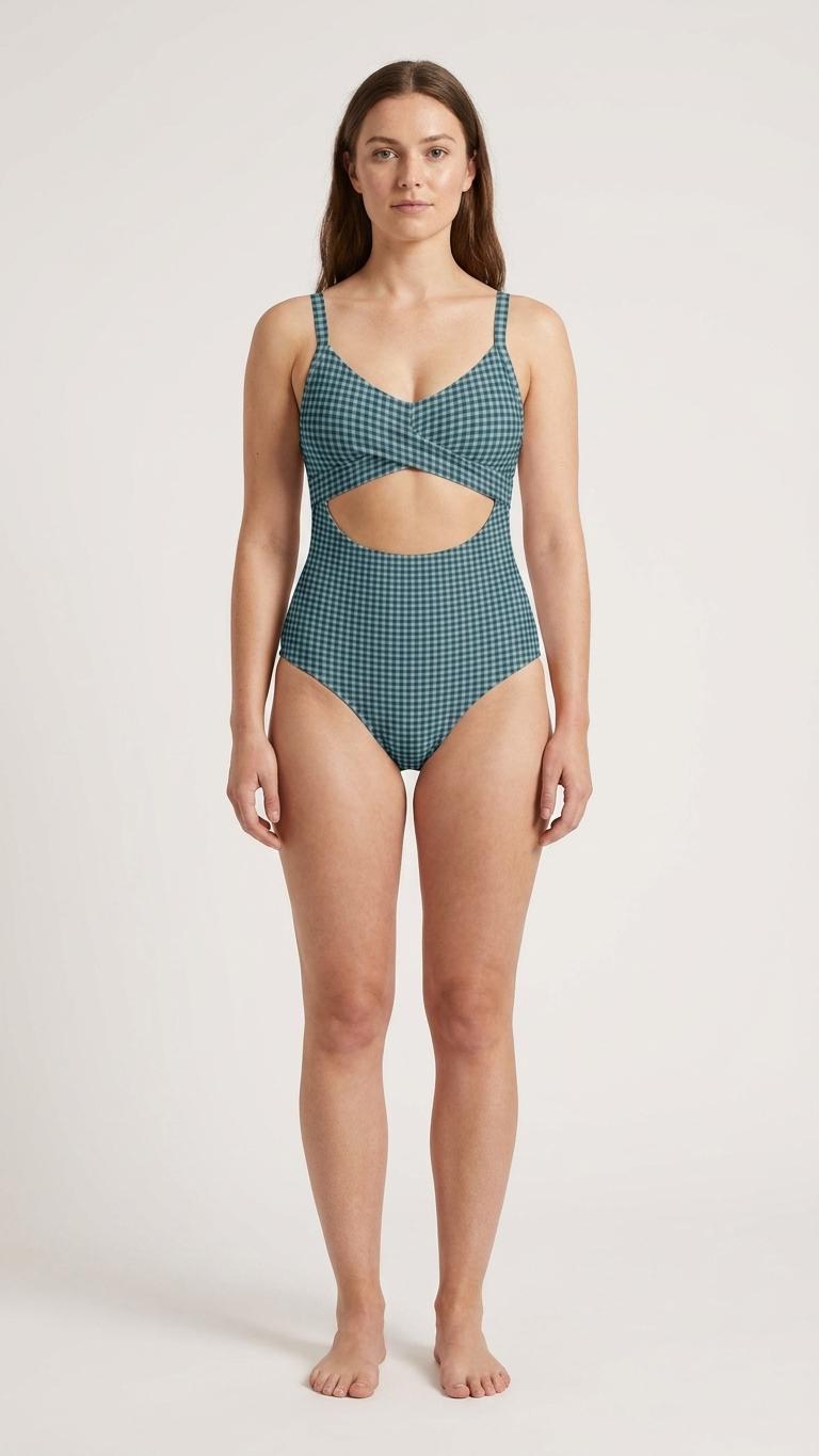 Steel Blue Chequered Cut-Out One-Piece Swimsuit, Lace-Up Back & Ruching, Pin-Up Vibes