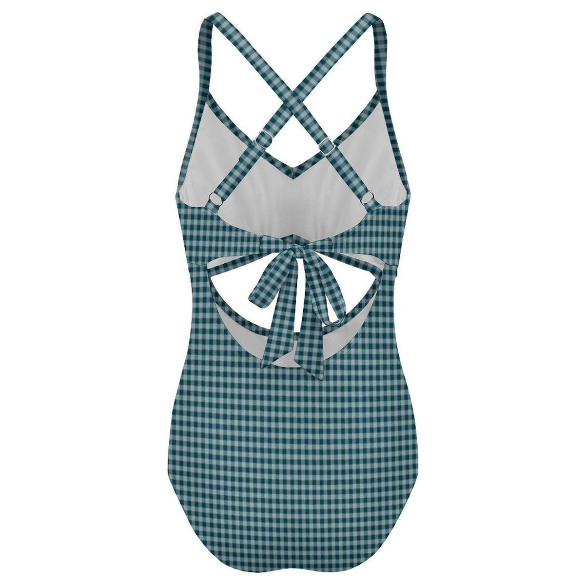Steel Blue Chequered Cut-Out One-Piece Swimsuit, Lace-Up Back & Ruching, Pin-Up Vibes