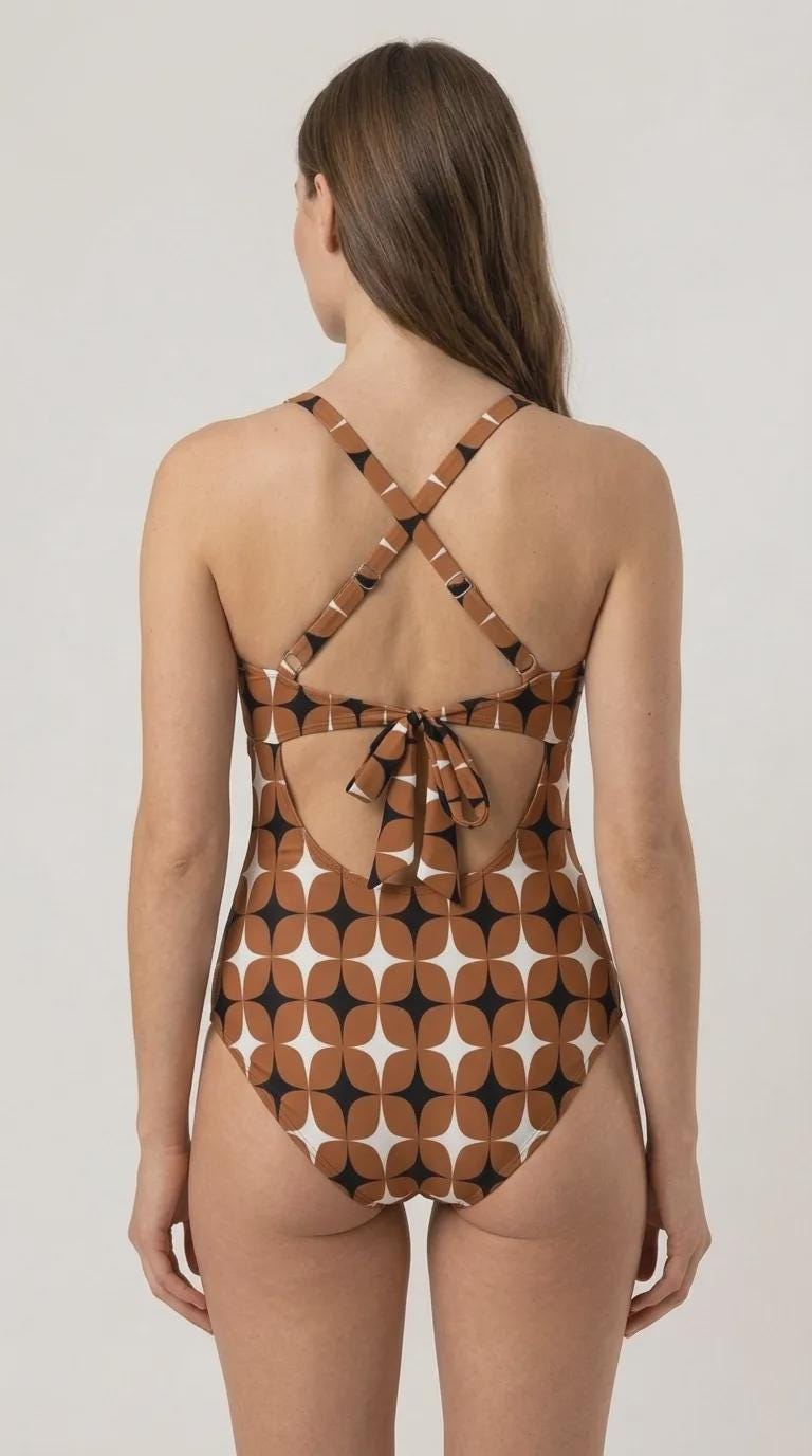 Mod Brown Cut-Out One-Piece Swimsuit, Lace-Up Back & Ruching, Pin-Up Vibes