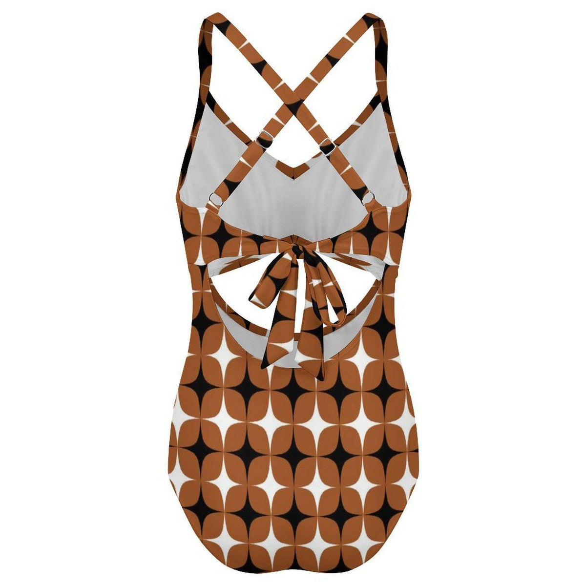 Mod Brown Cut-Out One-Piece Swimsuit, Lace-Up Back & Ruching, Pin-Up Vibes