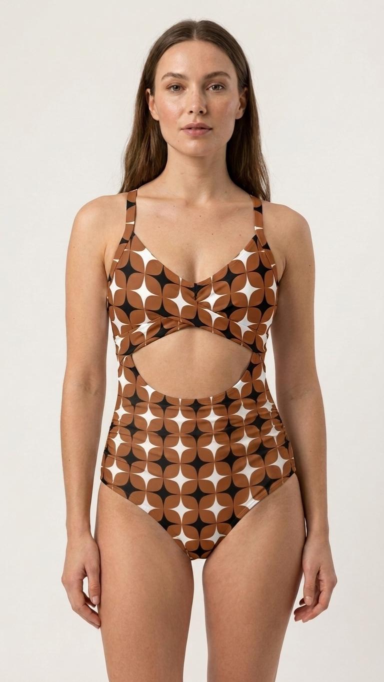 Mod Brown Cut-Out One-Piece Swimsuit, Lace-Up Back & Ruching, Pin-Up Vibes
