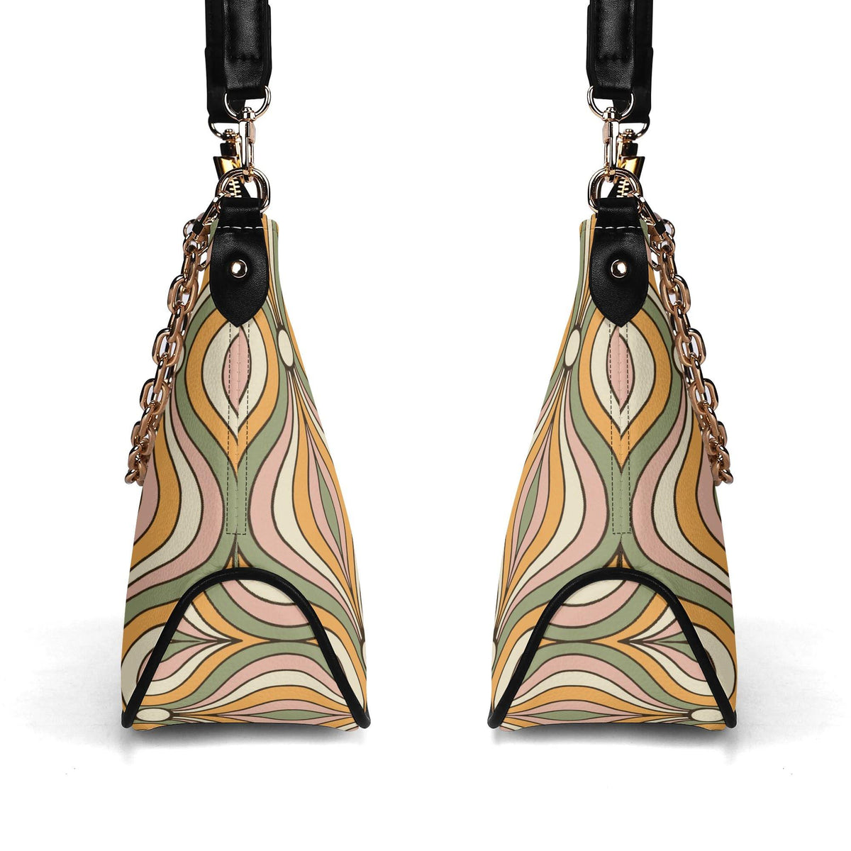 Retro Mid-Century Printed Shoulder Bag, Groovy Boho Vegan Leather Handbag with Chain