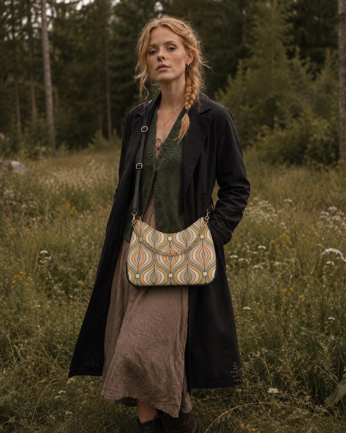 Retro Mid-Century Printed Shoulder Bag, Groovy Boho Vegan Leather Handbag with Chain