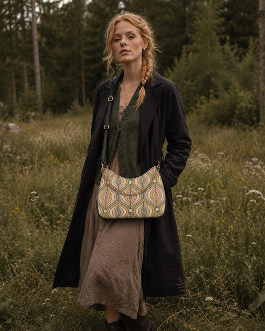 Retro Mid-Century Printed Shoulder Bag, Groovy Boho Vegan Leather Handbag with Chain